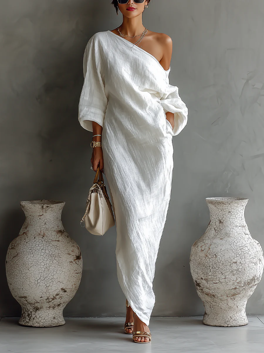 Elise™ | Elegante abito maxi a spalla unica in bianco