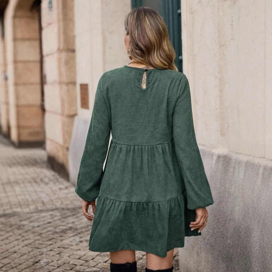 Vestito Babydoll in Velluto a Coste Verde Foresta