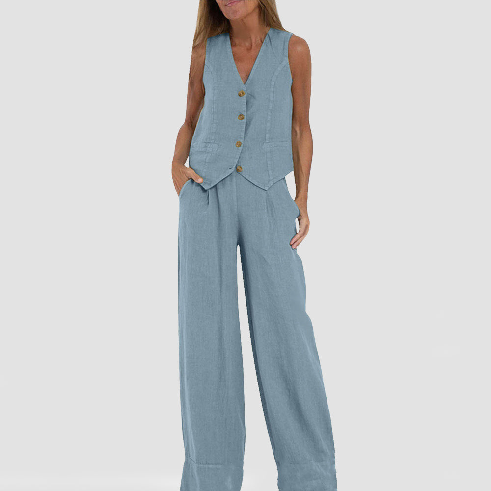Top estivo senza maniche e pantaloni dritti larghi