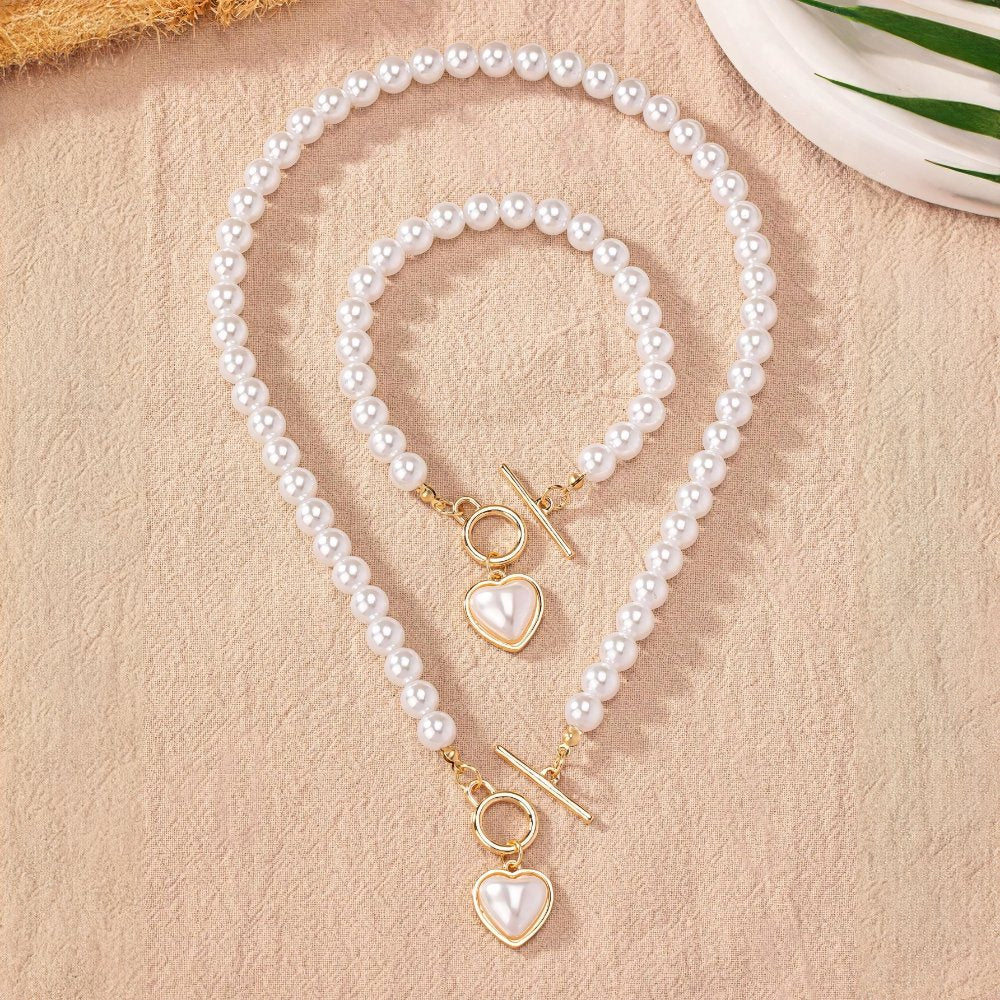 Conjunto de 2 piezas de pulsera y collar con colgante de corazón y cuentas