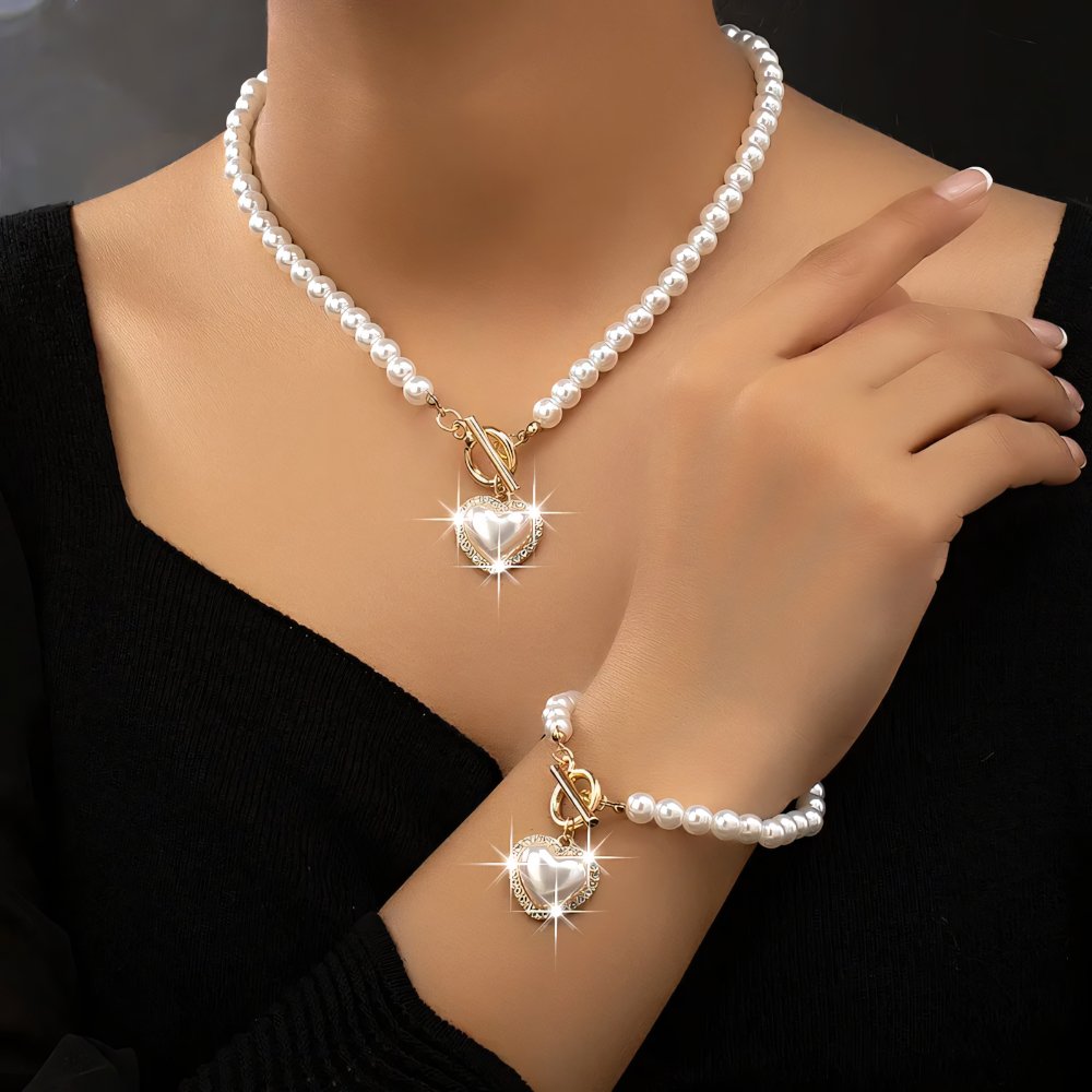 Conjunto de 2 piezas de pulsera y collar con colgante de corazón y cuentas