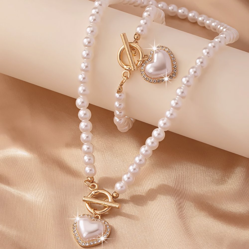 Conjunto de 2 piezas de pulsera y collar con colgante de corazón y cuentas