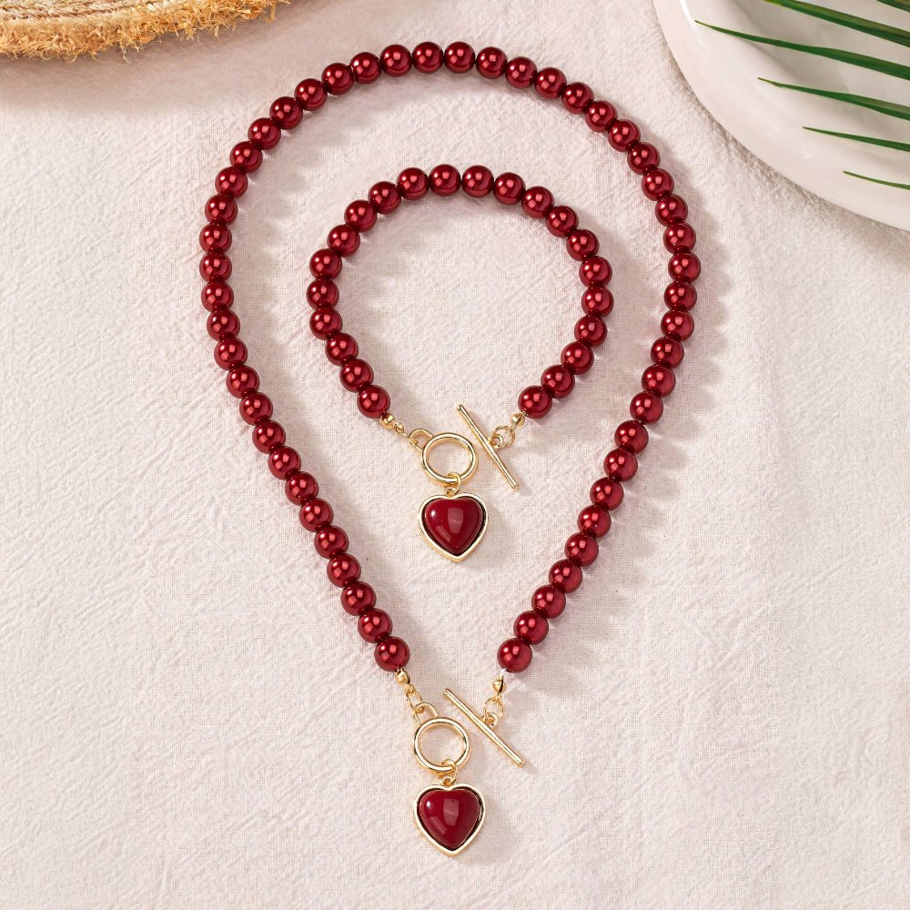Conjunto de 2 piezas de pulsera y collar con colgante de corazón y cuentas
