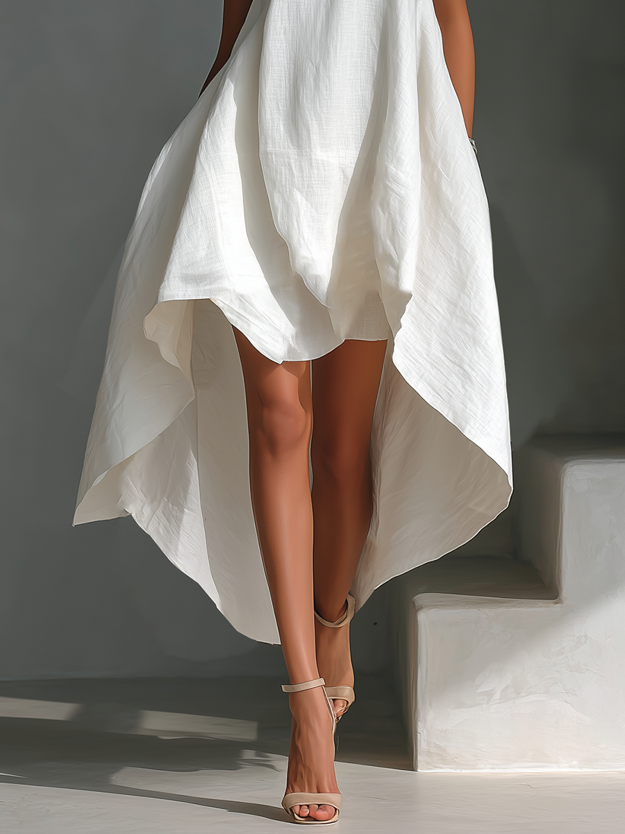 Vestido midi blanco de lino sin mangas para mujer con cuello redondo y bajo asimétrico