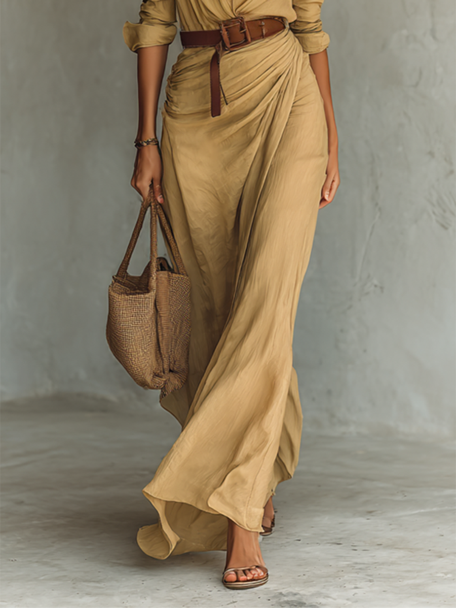Abito Maxi Lungo con Collo a Revers e Maniche Lunghe per Donne