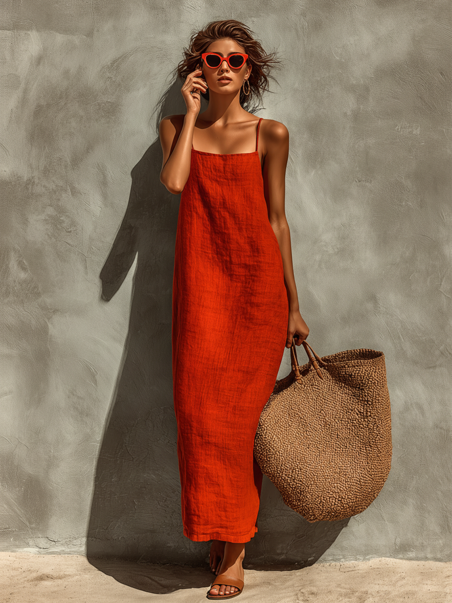 Abito da donna in cotone rosso con spalline sottili e scollo quadrato, un intramontabile modello in stile boho-resort