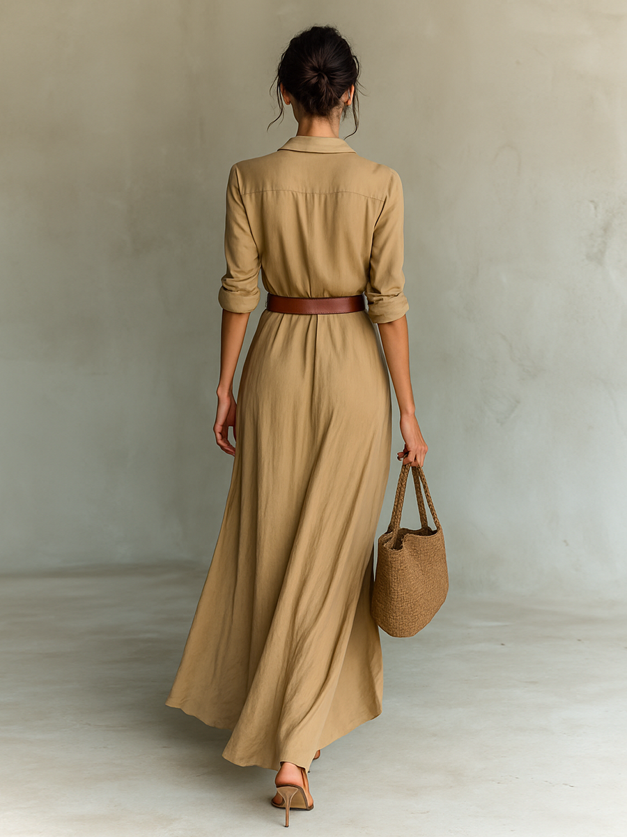 Laura - Vestido esencial - largo con cuello de solapa y mangas largas para mujer
