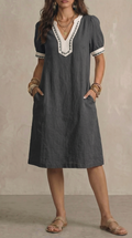 Loose-fit Patchwork Lace Cotton Short-sleeve Dress