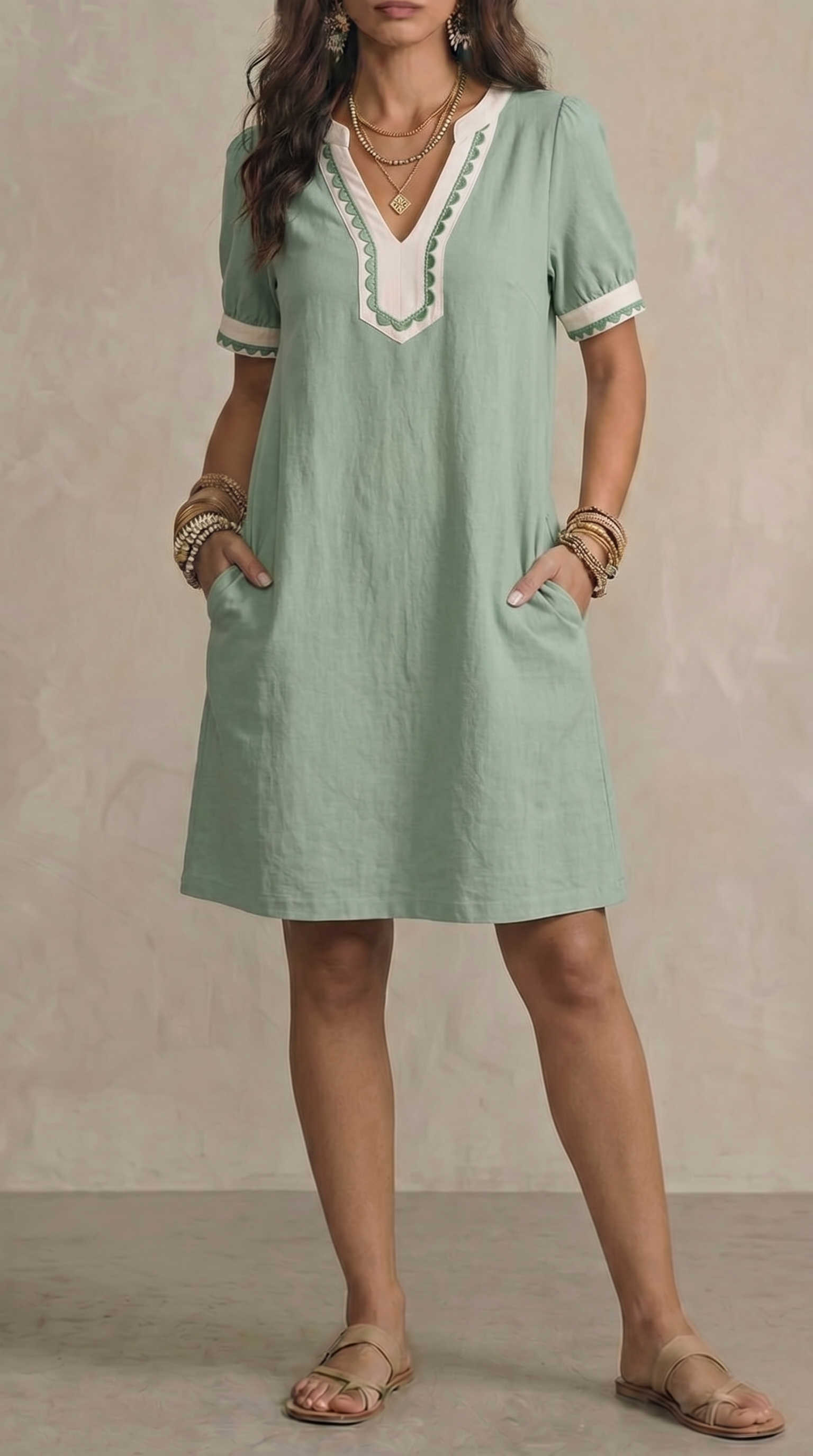 Loose-fit Patchwork Lace Cotton Short-sleeve Dress