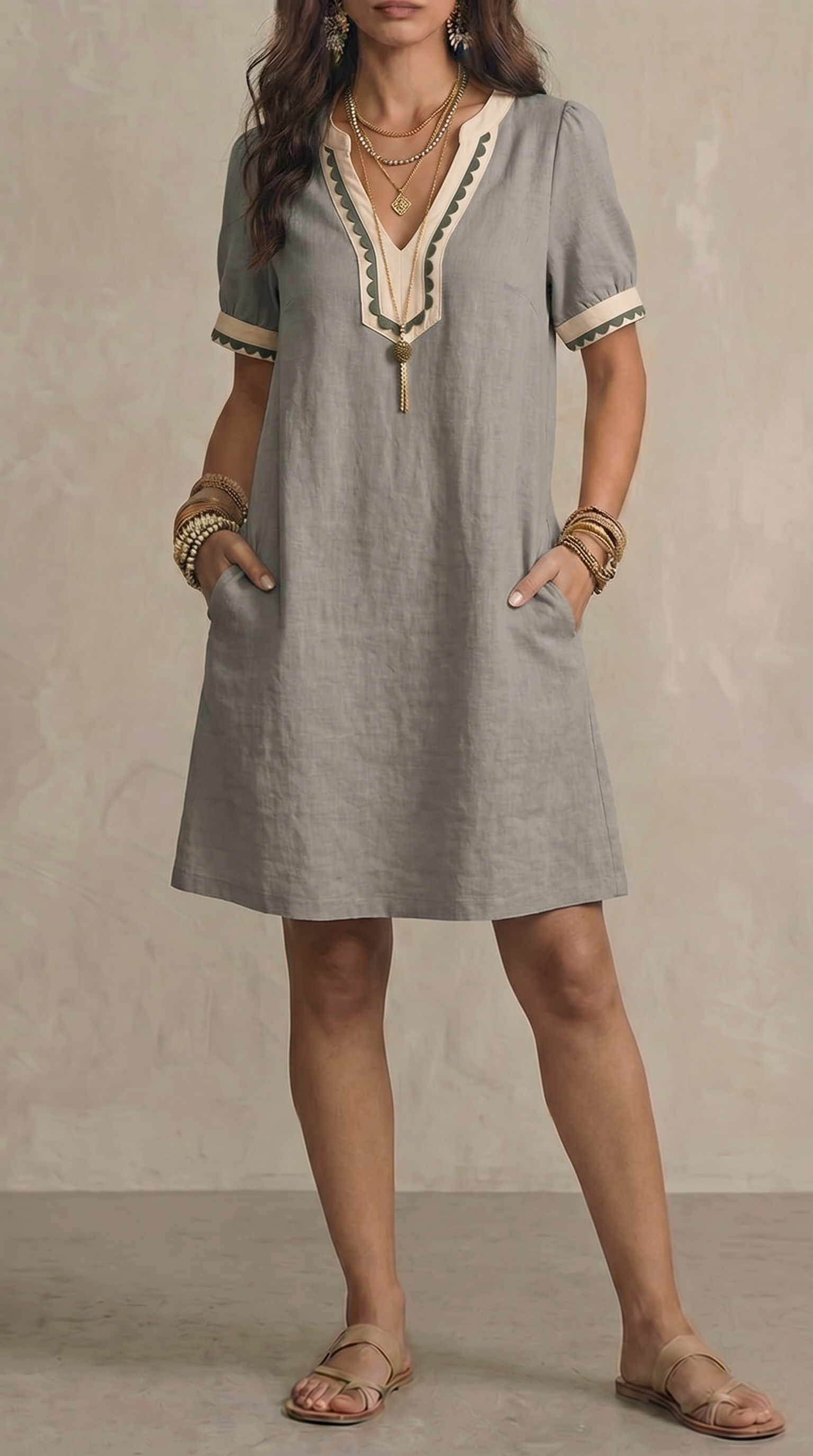 Loose-fit Patchwork Lace Cotton Short-sleeve Dress