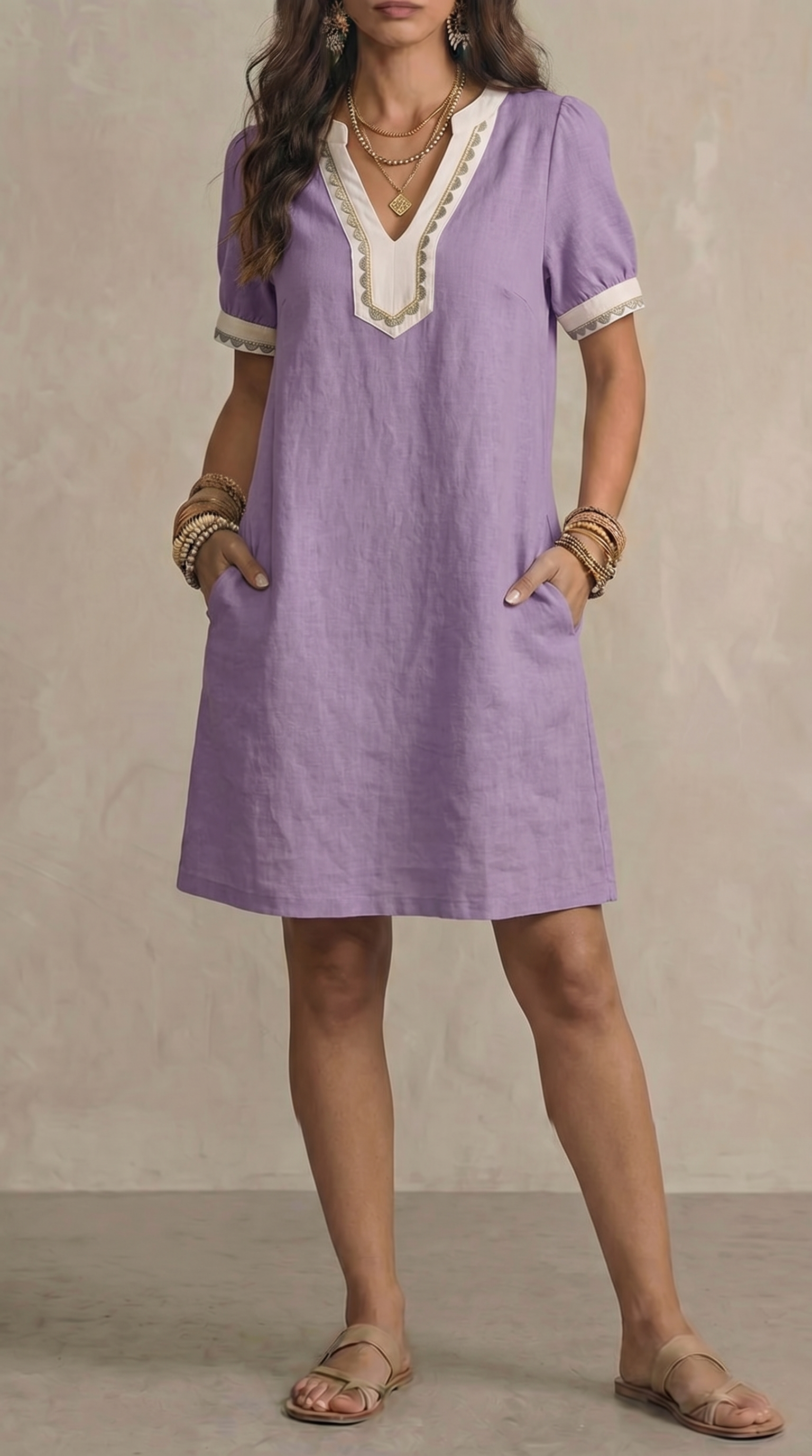 Loose-fit Patchwork Lace Cotton Short-sleeve Dress