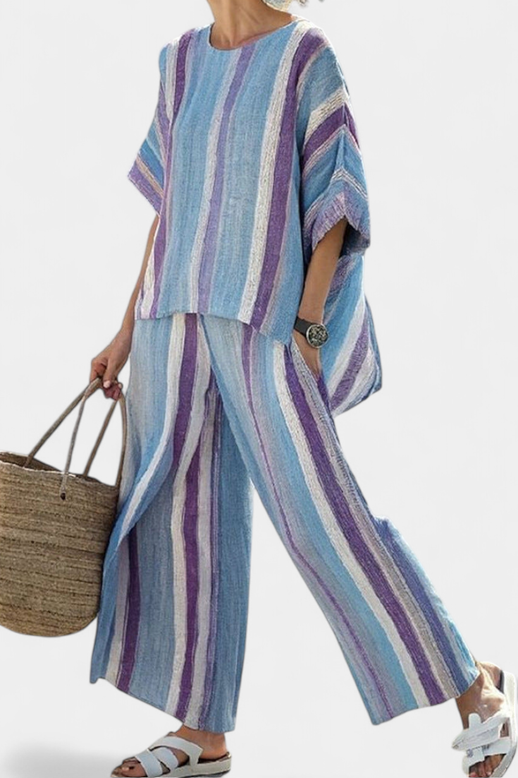 Faelith | Elegante Top Malva Pastello & Pantaloni di Lino a Righe