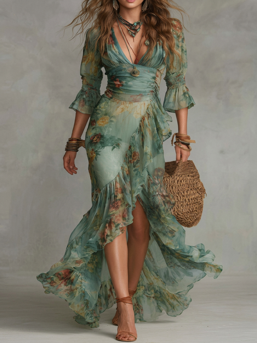 Abito Maxi in Chiffon Verde Erba con Rouches Irregolari e Spacco