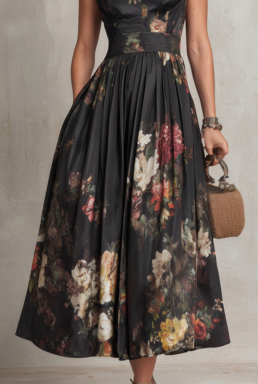 Abito Midi in Satin Pieghettato con Collo a Chiave Nero