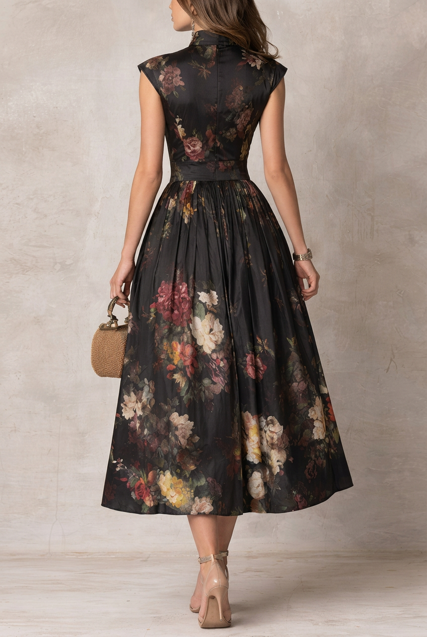 Abito Midi in Satin Pieghettato con Collo a Chiave Nero