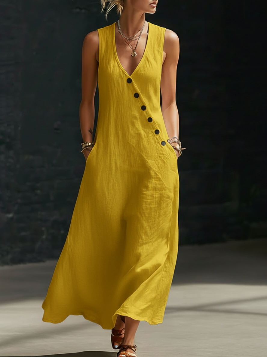 Graziella™ – Abito Maxi con Bottoni e Scollo a V
