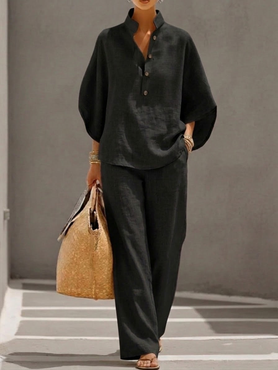 Mariel | Insieme Cotone Lino Maniche a Pipistrello Pantalone Largo