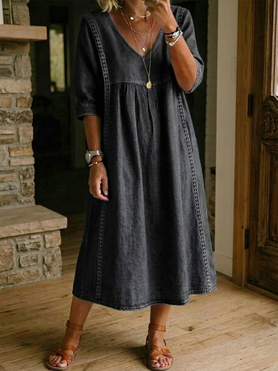 Abito in Denim con Pizzo per Donne – Vestito Casual in Denim Vintage a Vestibilità Larga
