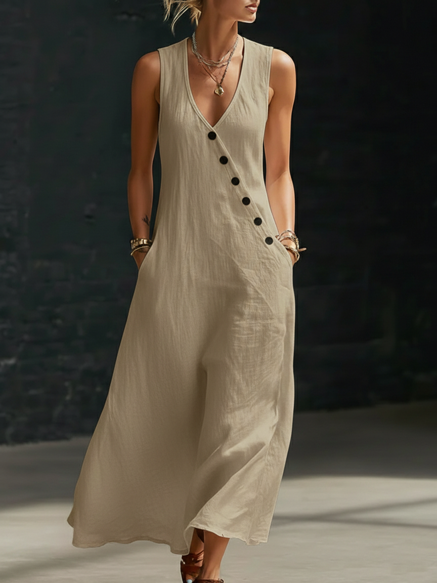 Graziella™ – Abito Maxi con Bottoni e Scollo a V