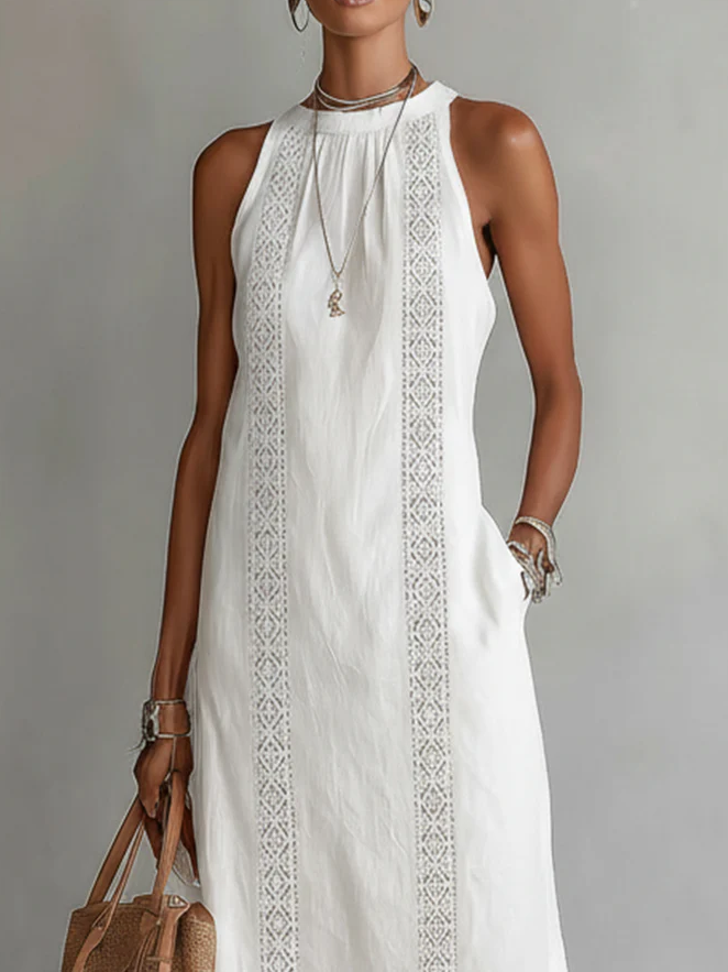 Bianca - Vestito midi in lino con collo mao