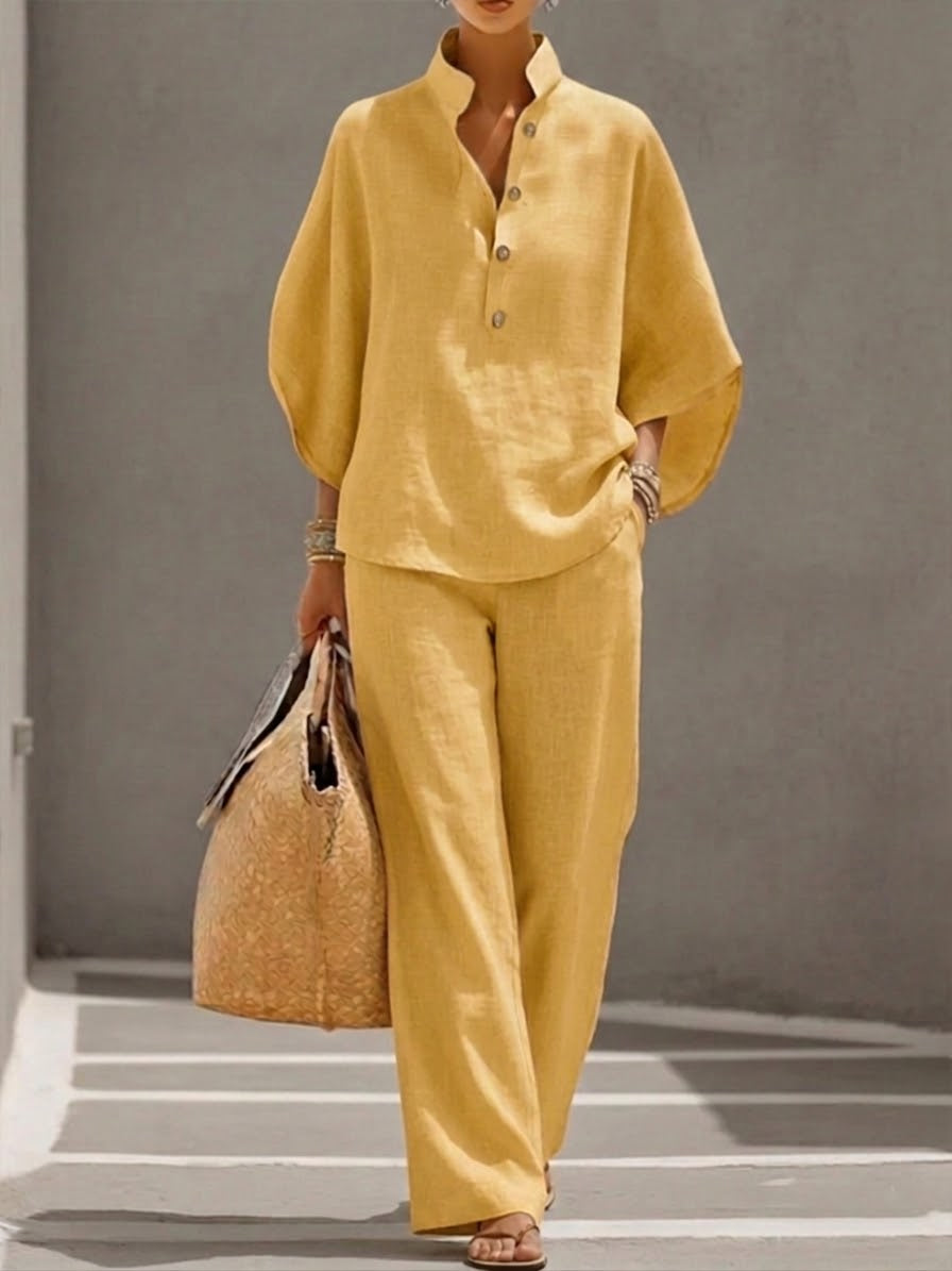 Mariel | Insieme Cotone Lino Maniche a Pipistrello Pantalone Largo